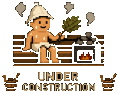 Pixel art of a sauna enjoyer relaxing on a bench next to a stove, above the words UNDER CONSTRUCTION